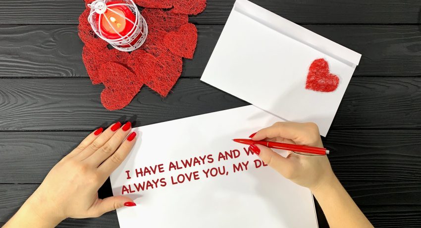 The girl writes a letter to her beloved. An envelope for writing, with a red heart. Romantic evening. Red candle on a black table. Red pen in hand.